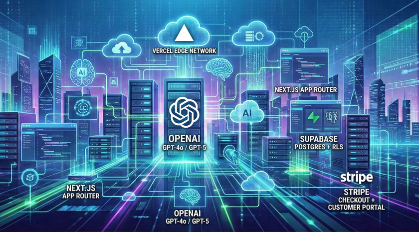 Modern SaaS tech stack diagram showing Next.js, Supabase, Stripe, OpenAI, and Vercel working together